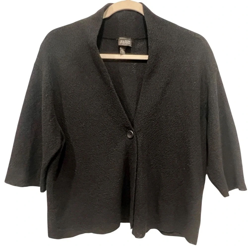 Eileen Fisher Petite Black Knit Wool Cardigan Sweater P L Bolero Shrug - Picture 7 of 8